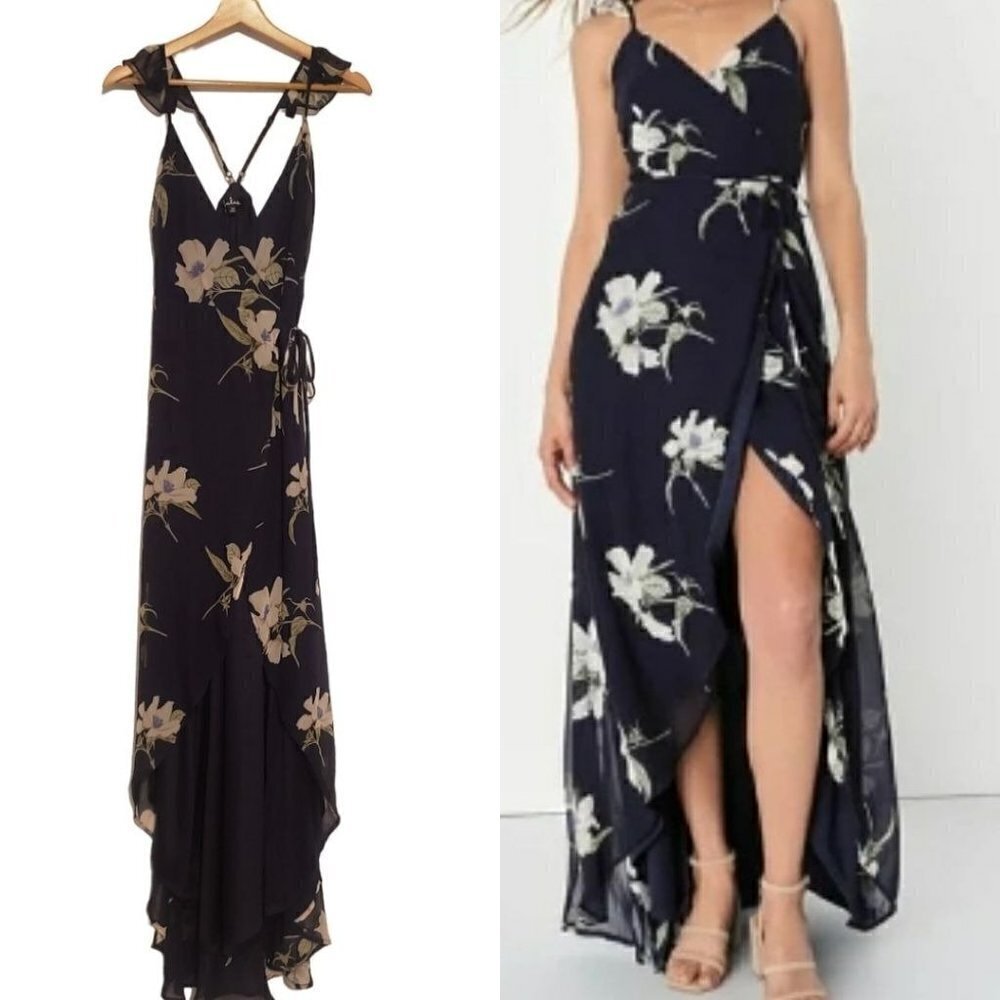 Lulus All Mine Navy Blue Floral Print High-Low Wrap Dress Sheer Size Women's XS
